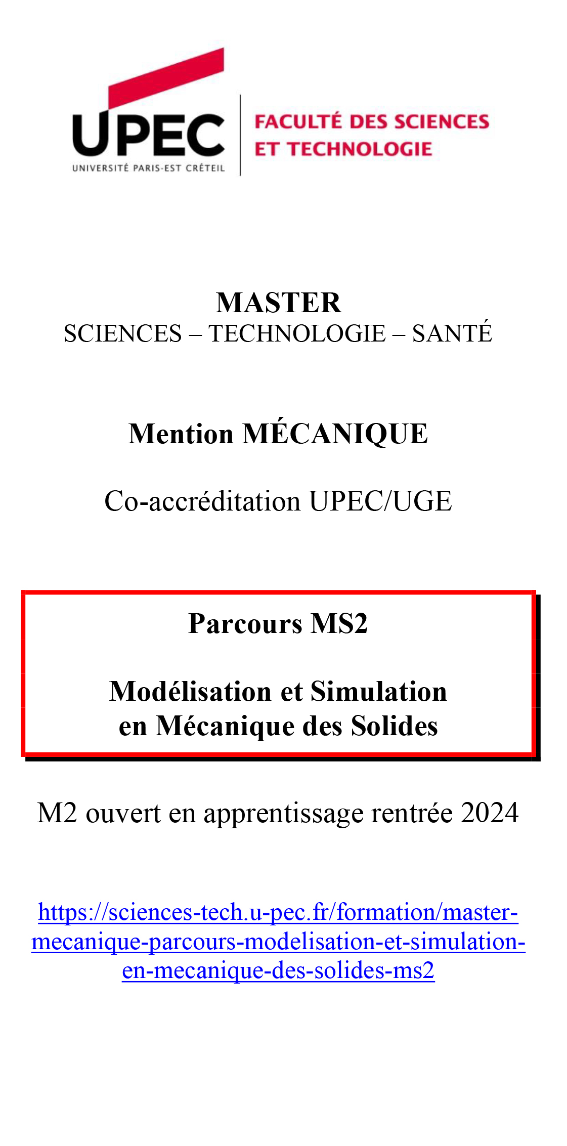 Présentation du Master Mécanique parcours MS2